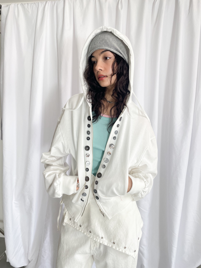 glossy button pocket hooded jacket