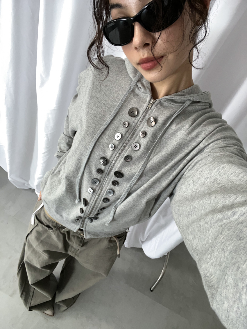 glossy button pocket hooded jacket