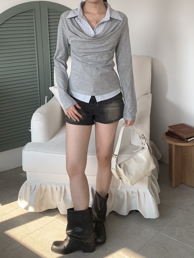 條紋翻領兩件式上衣