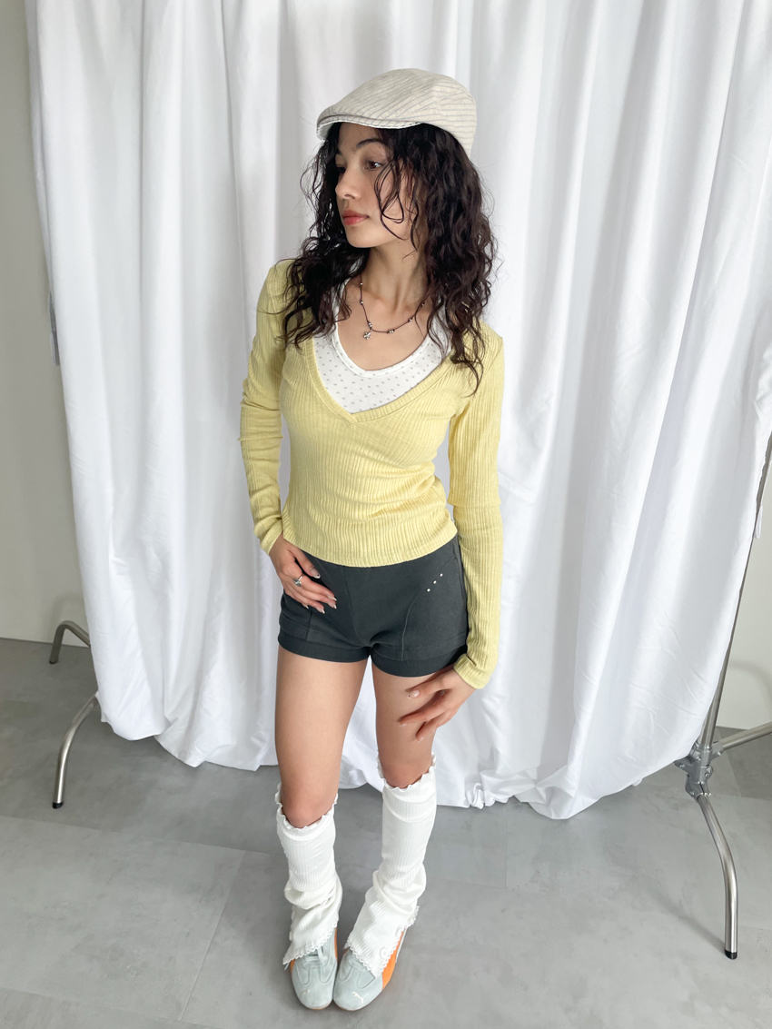 rib V-neck elastic top