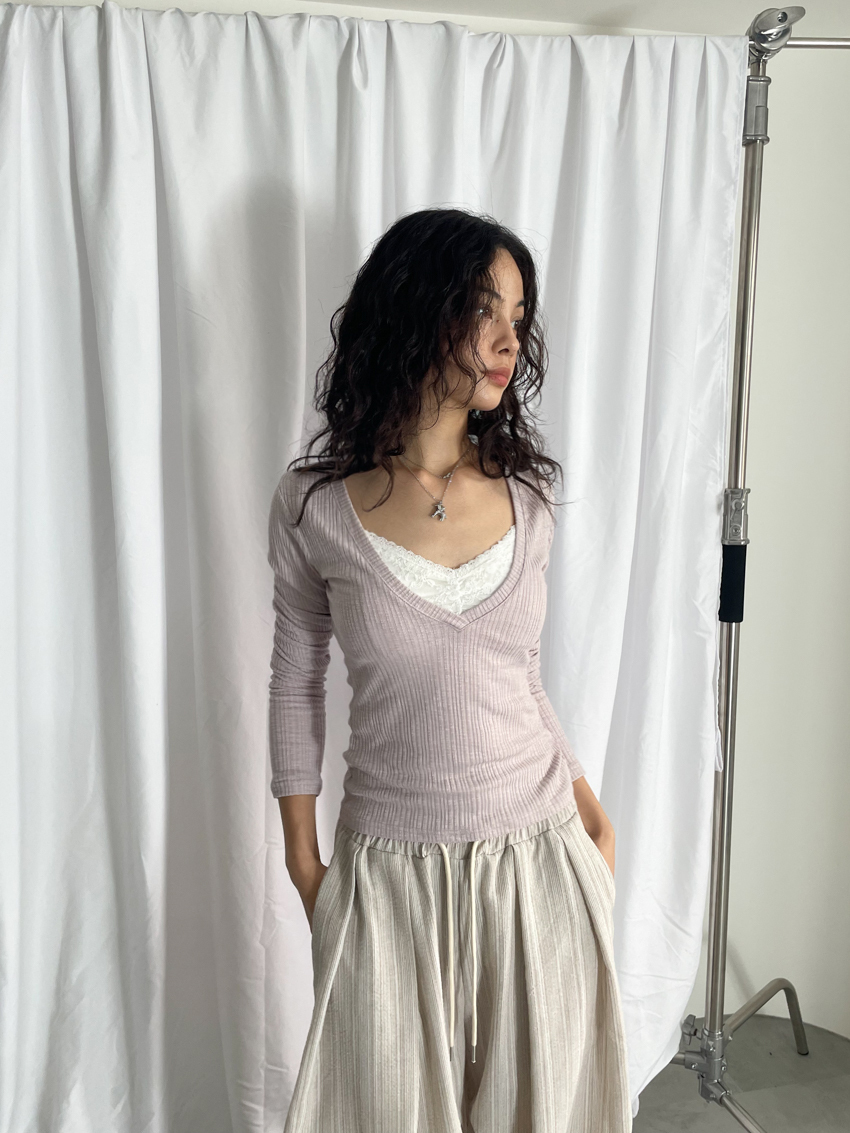 rib V-neck elastic top