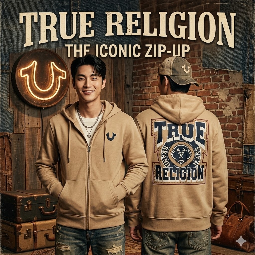 【現貨】True Religion H041131 卡其色男士連帽拉鍊開襟衫