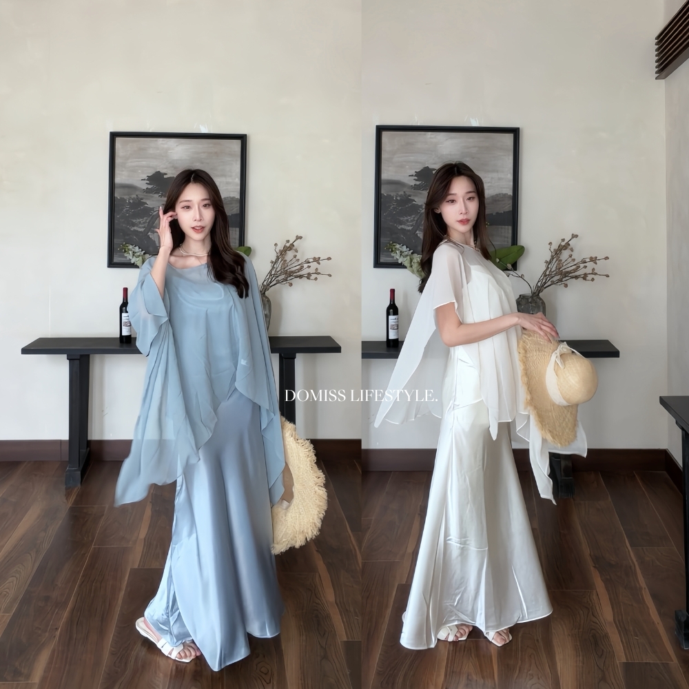 【空氣仙感】DOMISS雪紡不規則罩衫+緞面洋裝 兩件套 顯瘦 長洋裝 度假 宴會 (現+預)