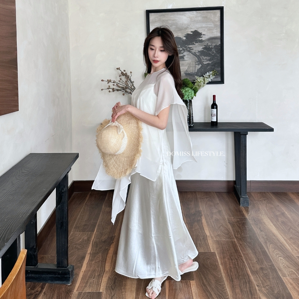 【空氣仙感】DOMISS雪紡不規則罩衫+緞面洋裝 兩件套 顯瘦 長洋裝 度假 宴會 (現+預)