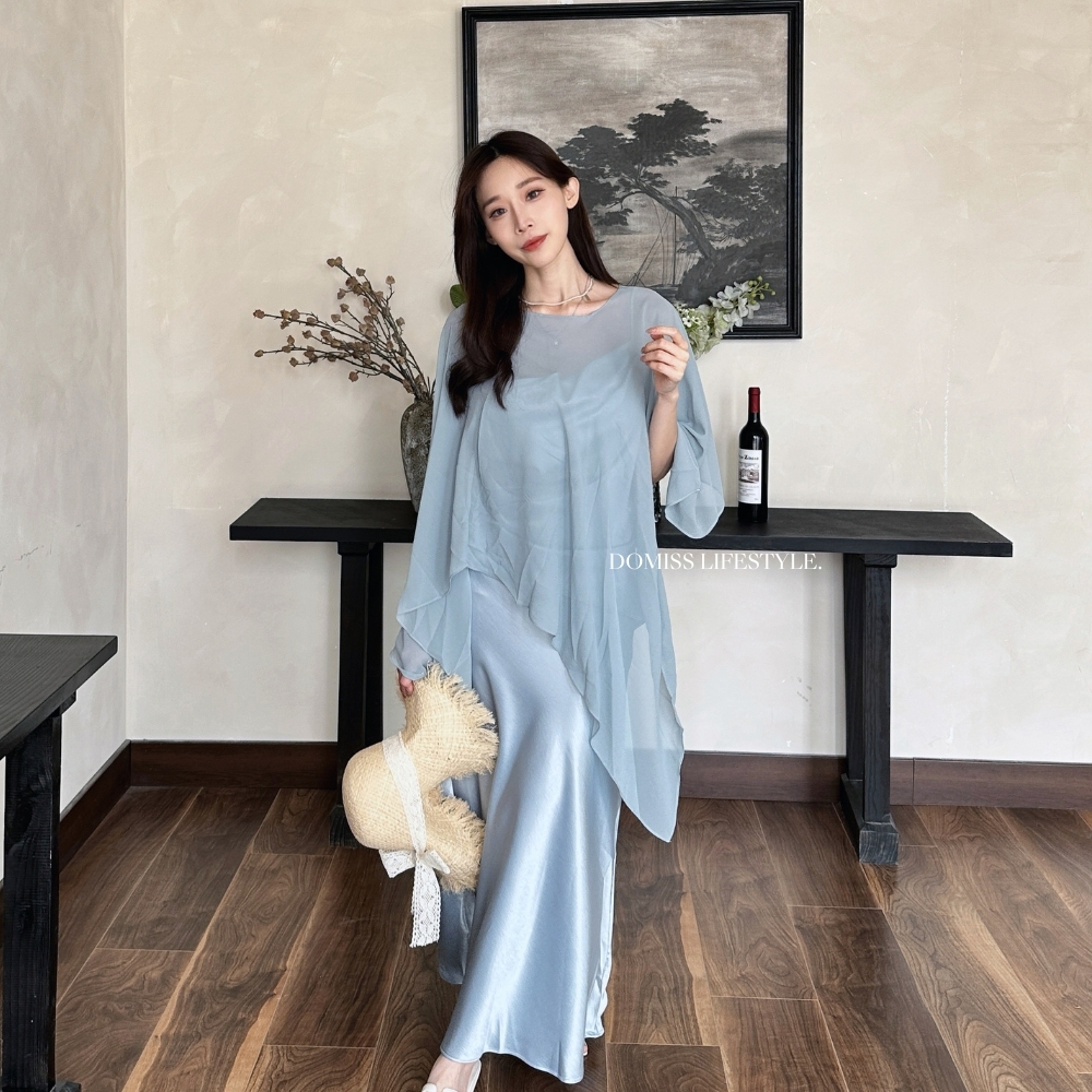 【空氣仙感】DOMISS雪紡不規則罩衫+緞面洋裝 兩件套 顯瘦 長洋裝 度假 宴會 (現+預)