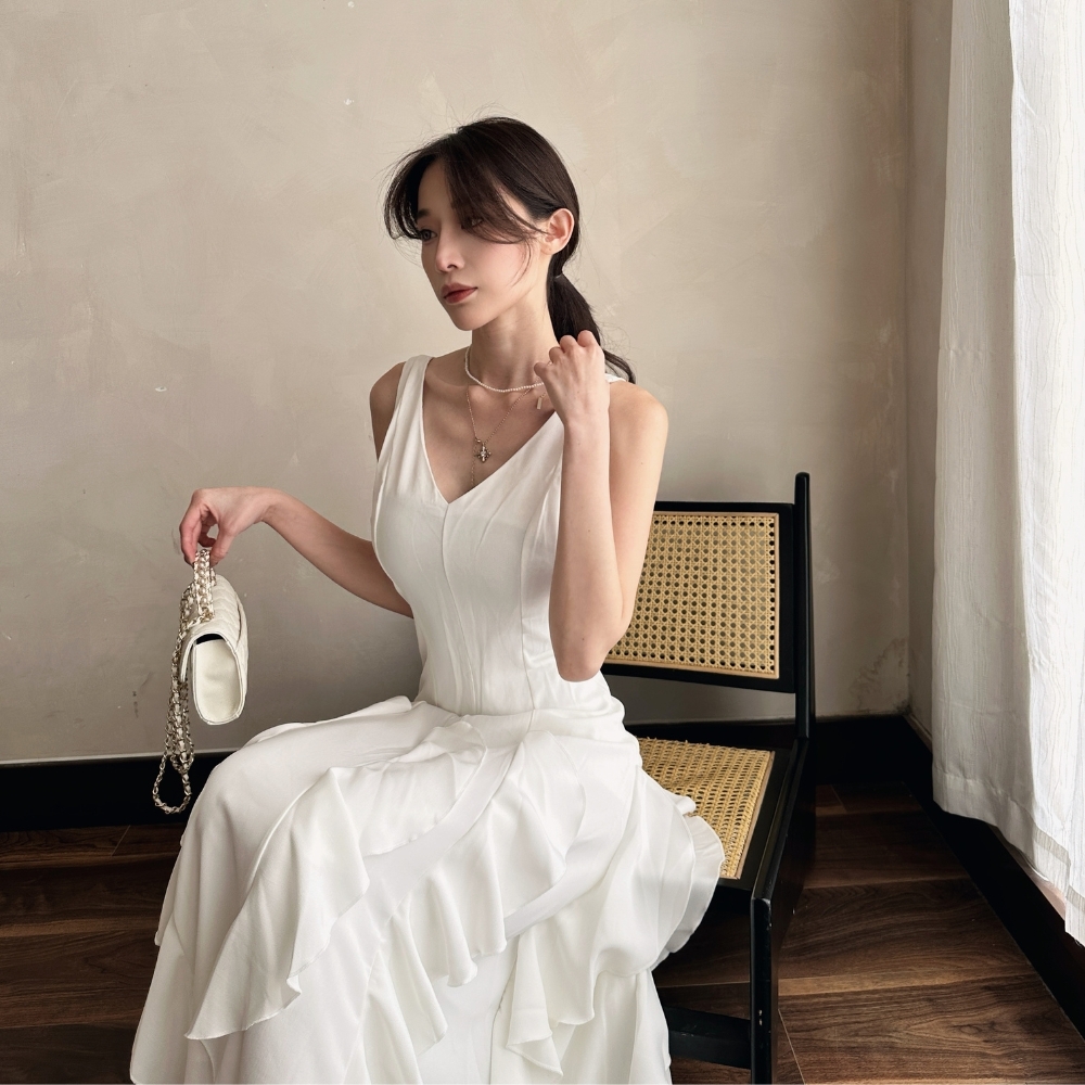 【走秀款】DOMISS層次荷葉長洋裝 顯瘦雙V領 渡假洋裝 (現+預)