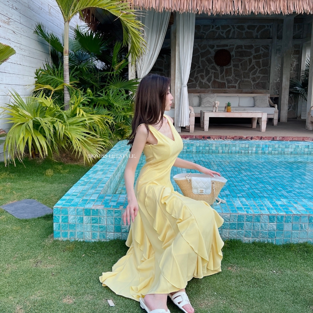 【走秀款】DOMISS層次荷葉長洋裝 顯瘦雙V領 渡假洋裝 (現+預)