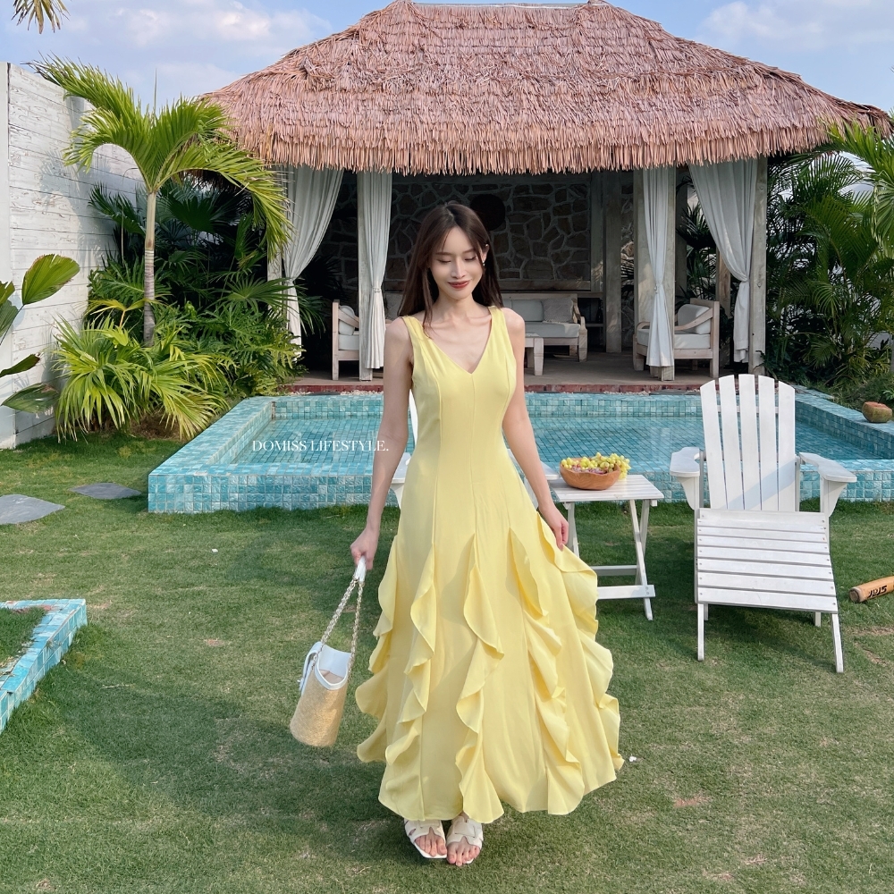 【走秀款】DOMISS層次荷葉長洋裝 顯瘦雙V領 渡假洋裝 (現+預)