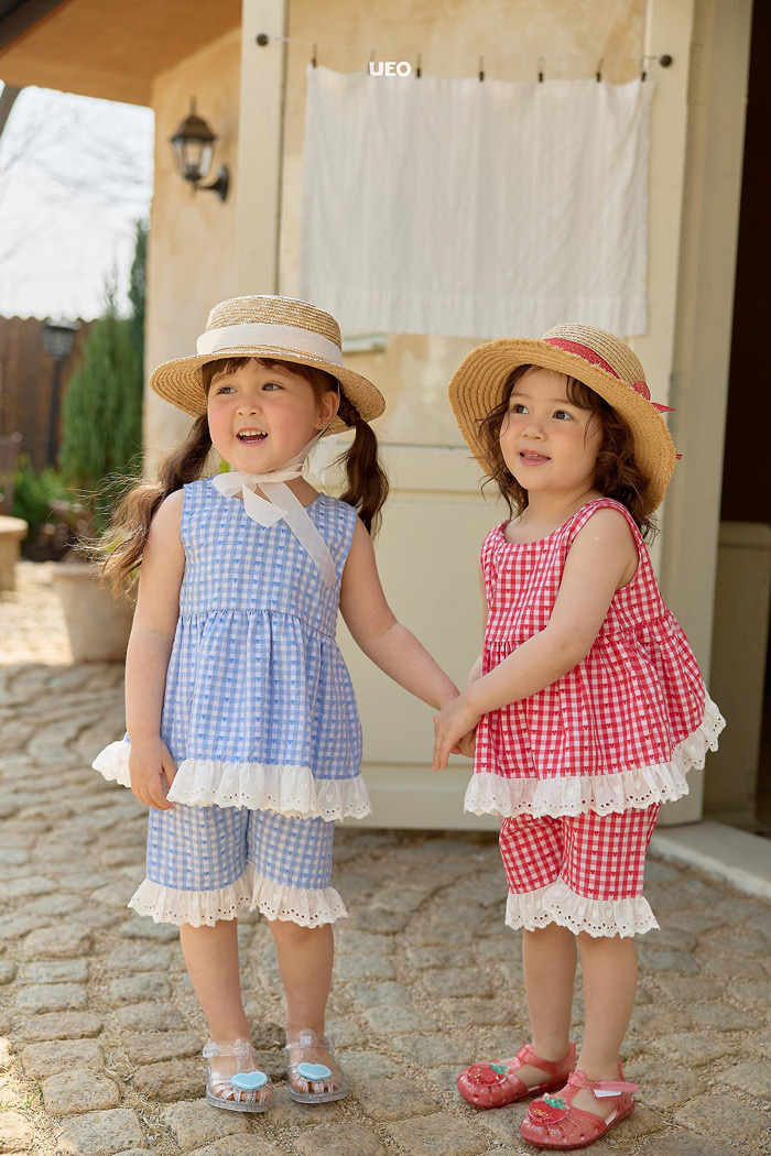 正韓夏UEO 兩色花邊格子綁帶上衣