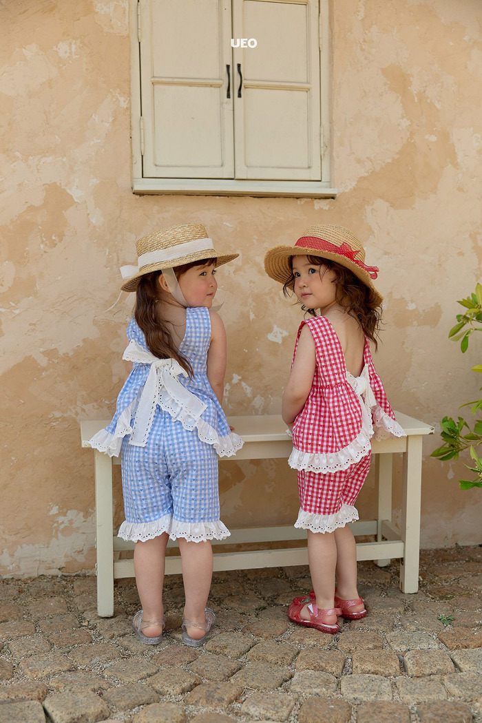 正韓夏UEO 兩色花邊格子綁帶上衣
