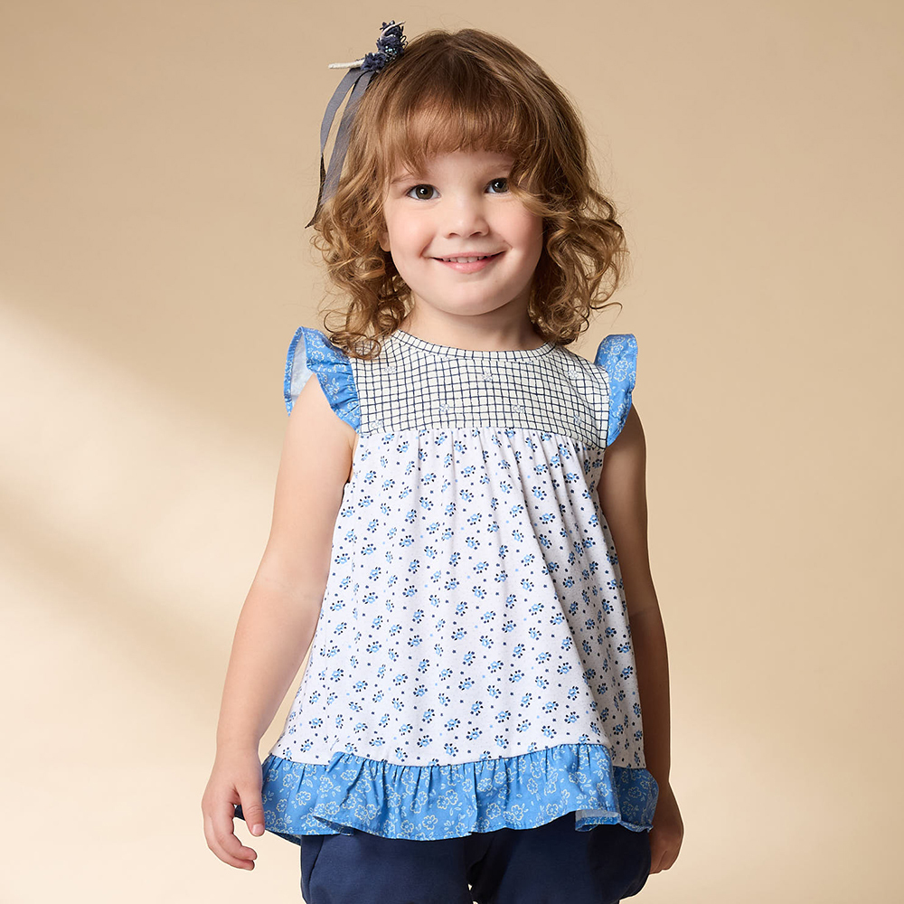 PIPPY 活潑剪接小花圓領無袖上衣 藍