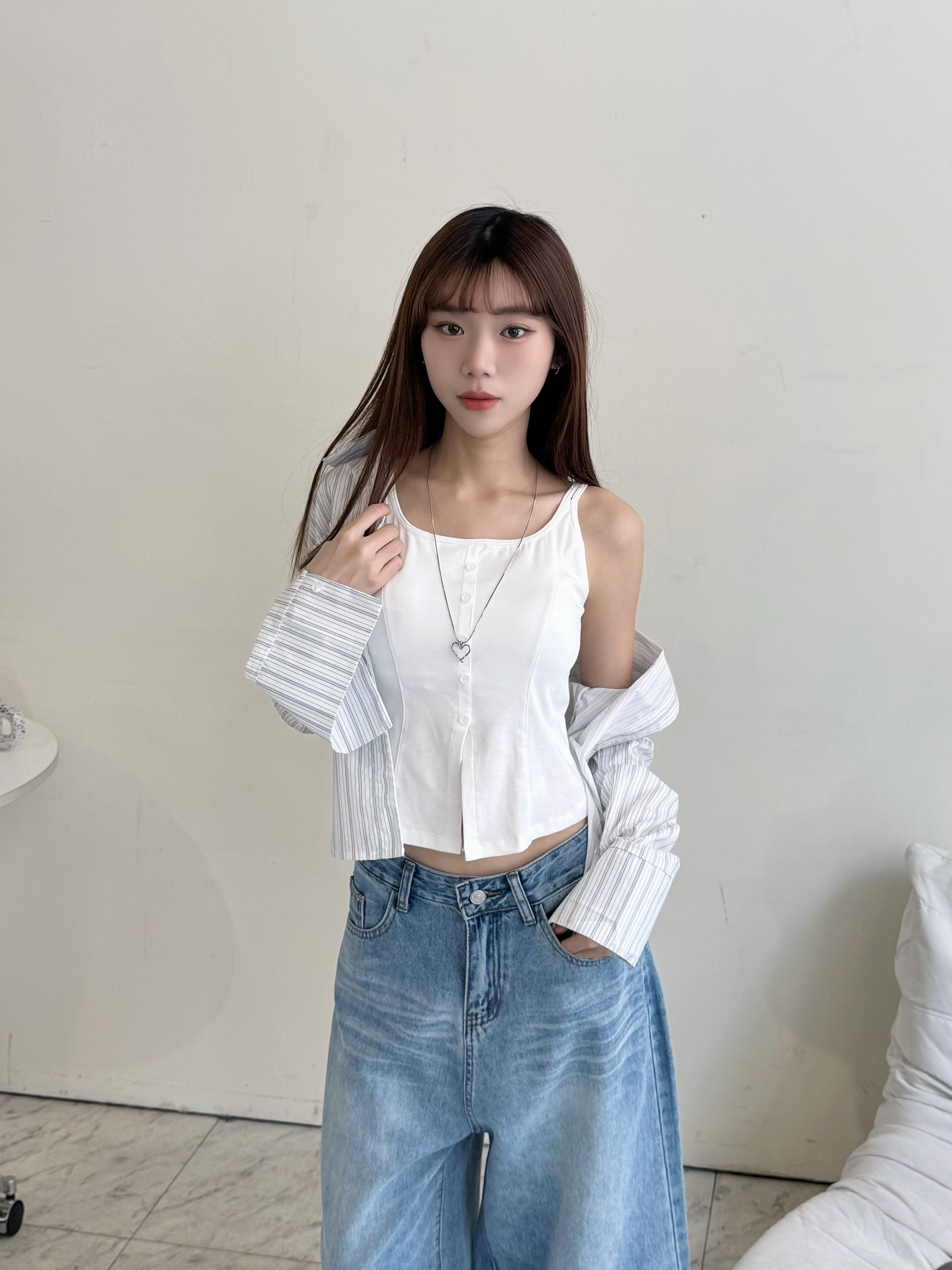 假鈕扣吊帶上衣-3713