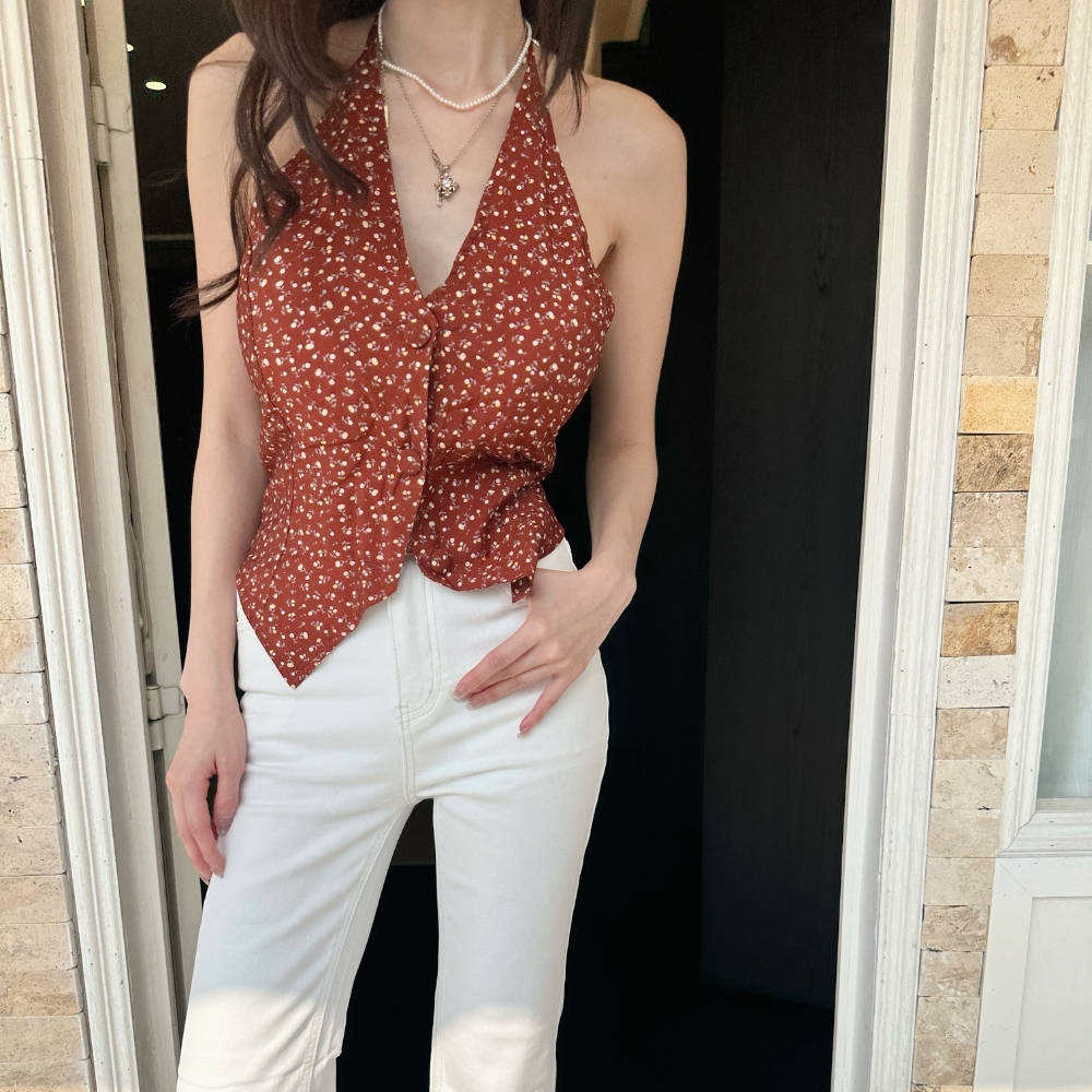 【一鍵出片】DOMISS碎花綁帶削肩背心 顯瘦收腰短版上衣 掛脖背心 雪紡上衣(現+預)