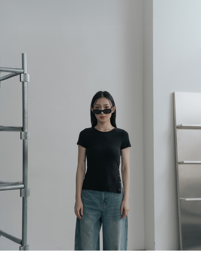 Plain fabric, single-sided snap button design, elastic fitted top-black【01099547】in stock+pre-order