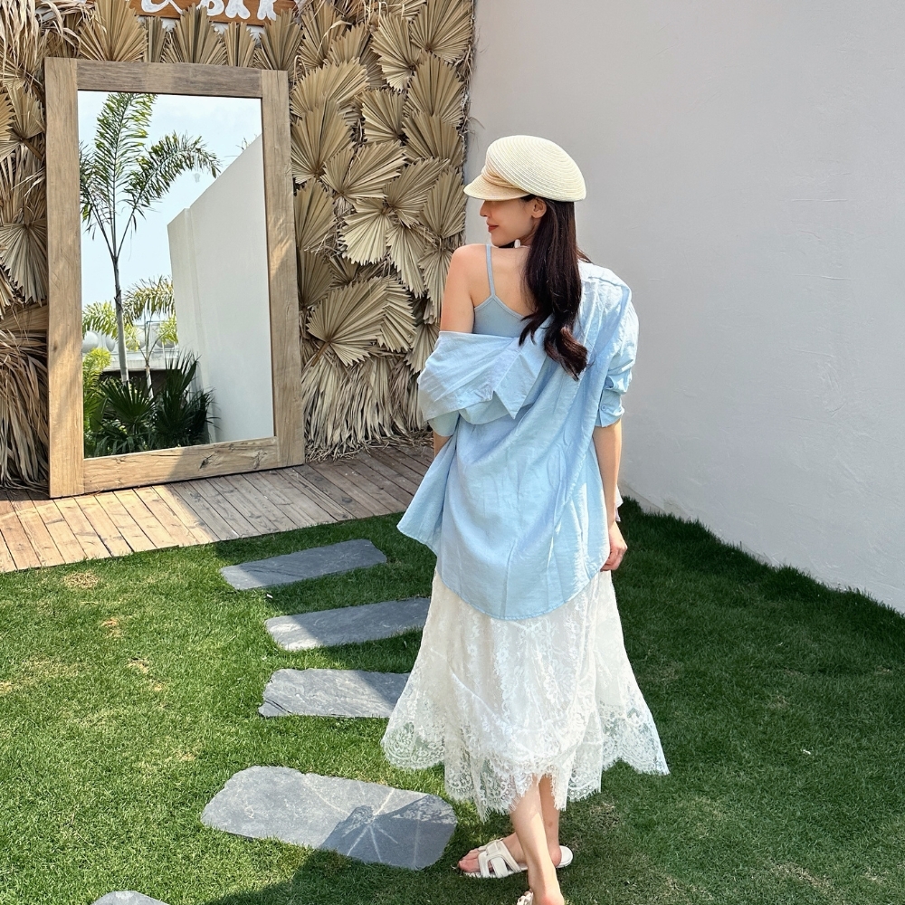 【冰藍三件套】DOMISS 罩衫＋細肩背心＋蕾絲長裙  三件套 氣質顯瘦渡假套裝(現+預)