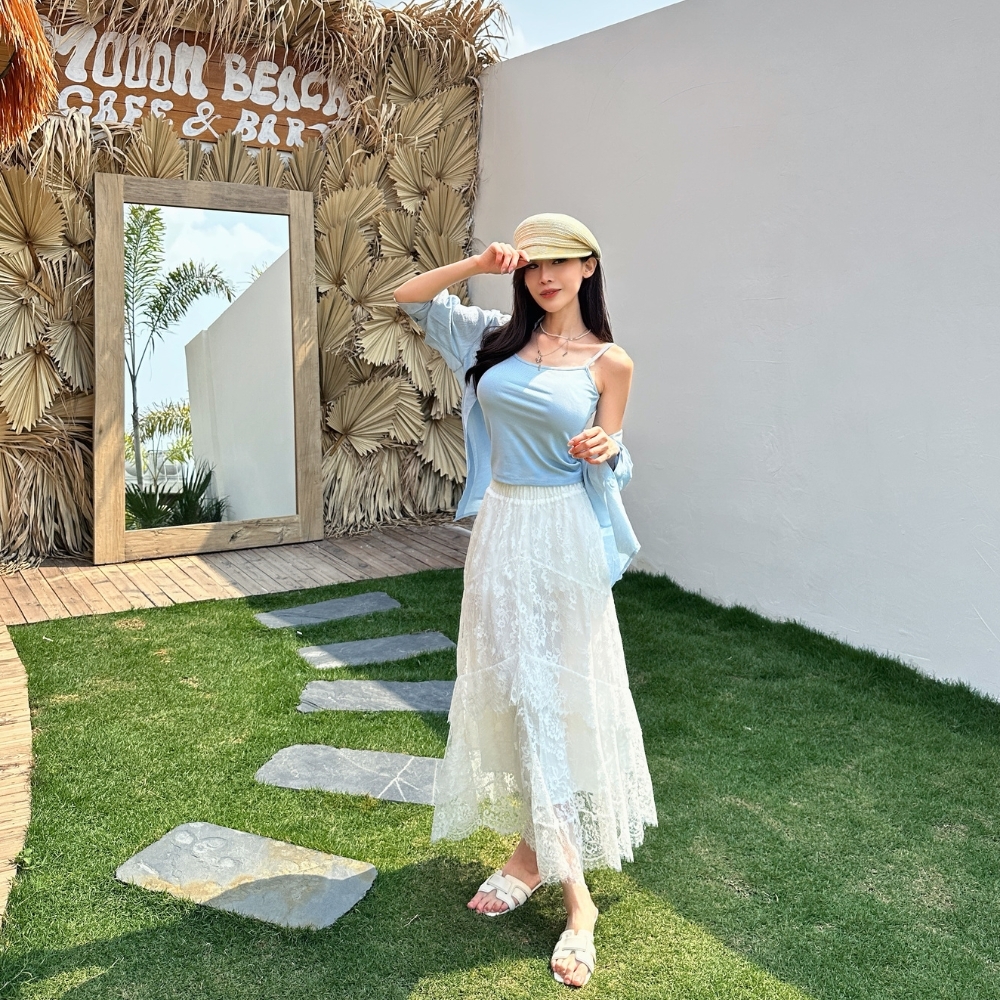 【冰藍三件套】DOMISS 罩衫＋細肩背心＋蕾絲長裙  三件套 氣質顯瘦渡假套裝(現+預)