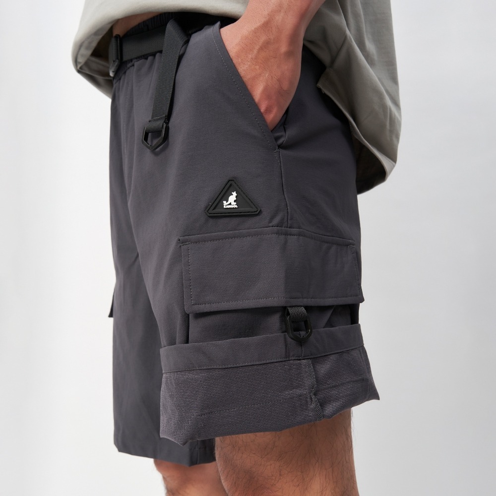 【Kangol】男款多口袋工裝風短褲｜多口袋設計 機能彈性-深灰色・中性風穿搭・中性穿搭・短褲推薦・棉寬褲