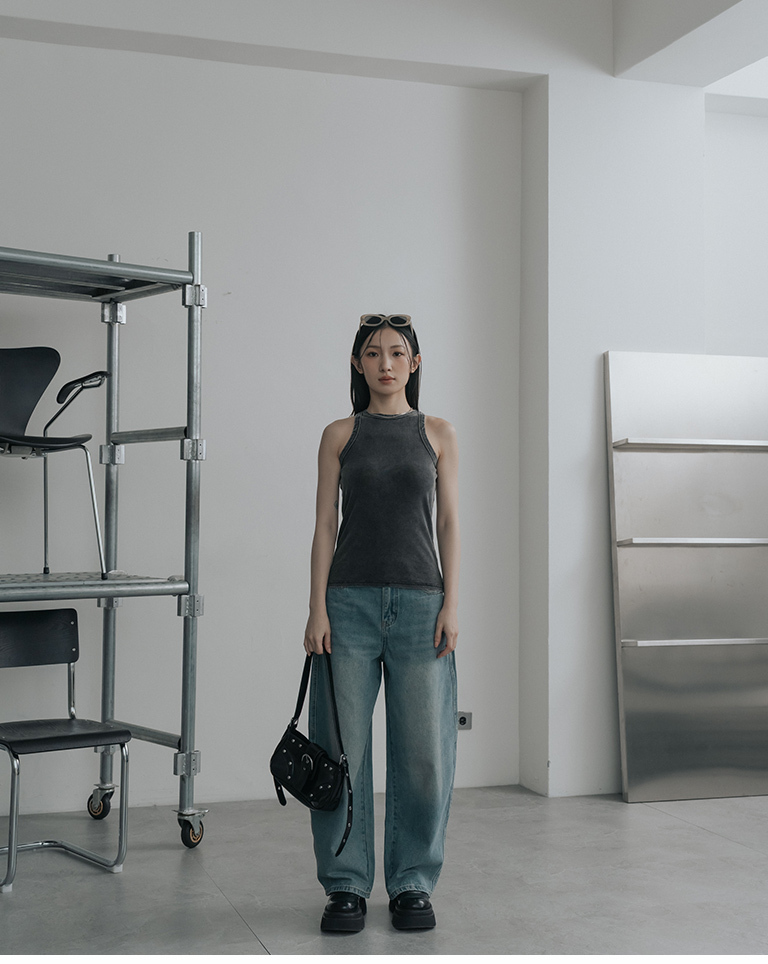 Plain washed shoulder fitted vest - black S/M【01150477】in stock+pre-order