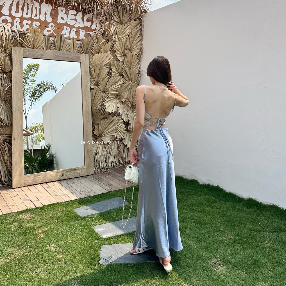 【藍精靈】DOMISS兩件套! 性感露背背心+緞面長裙 高級 光澤 顯瘦 渡假洋裝 約會 出片款(現+預)