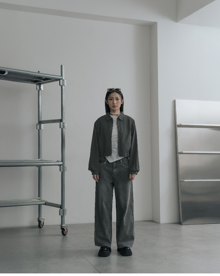 Washed design double-zip lapel coat - dark gray【02071705】in stock+pre-order