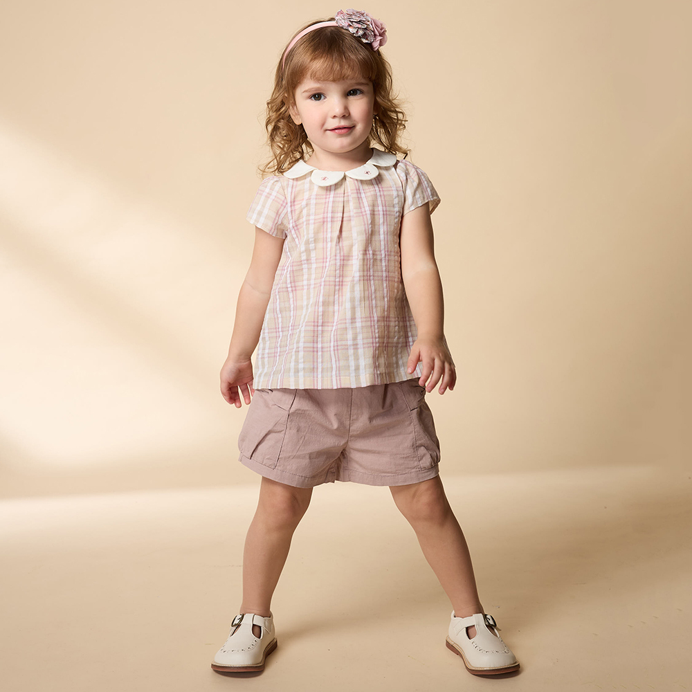 PIPPY 優雅格紋花形領短袖上衣 粉