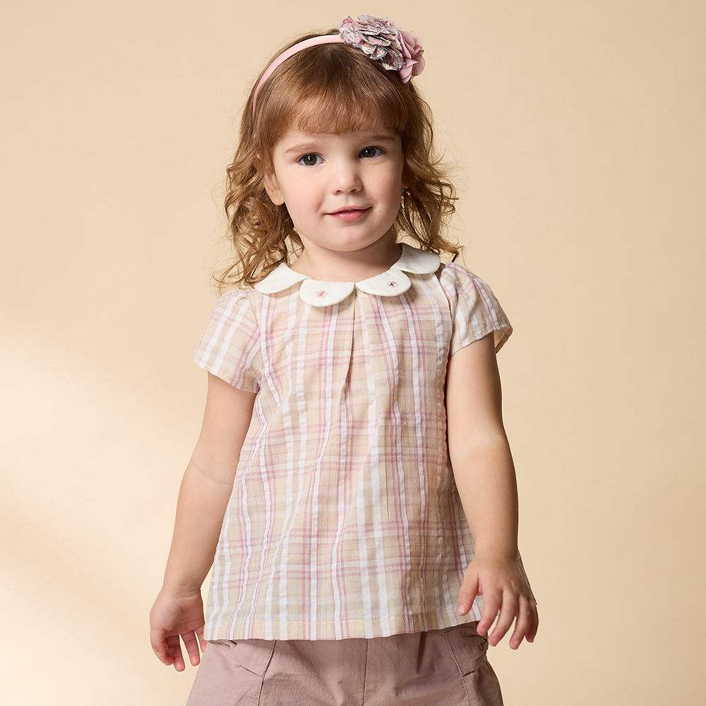 PIPPY 優雅格紋花形領短袖上衣 粉