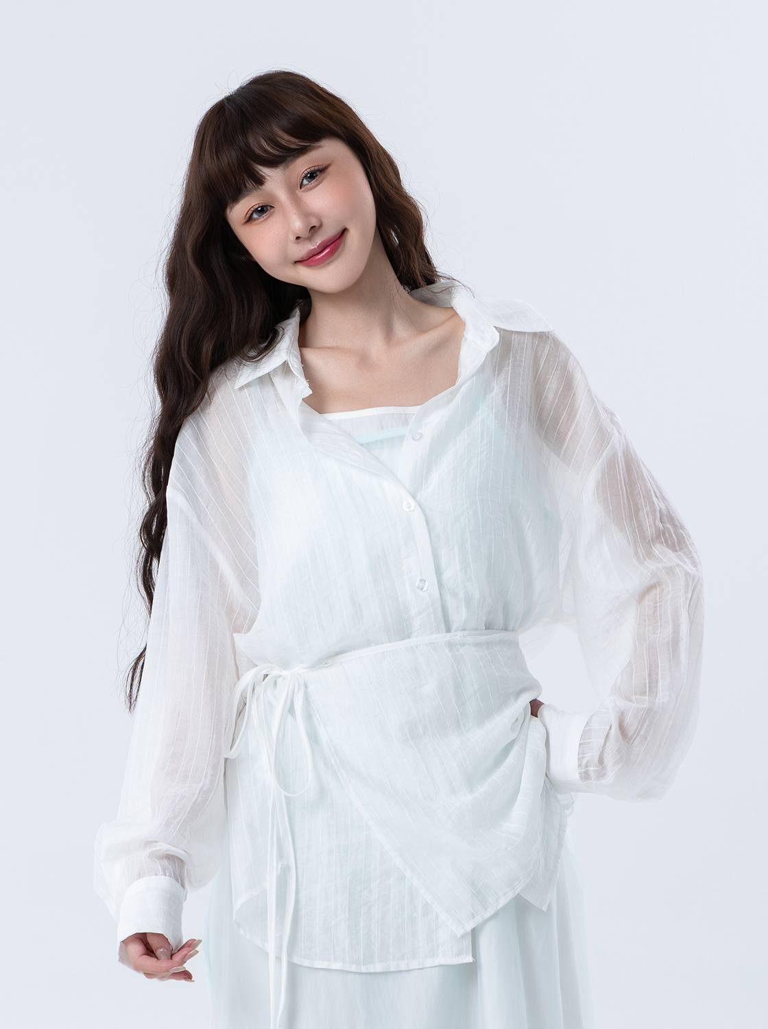 條紋輕透綁帶寬鬆襯衫