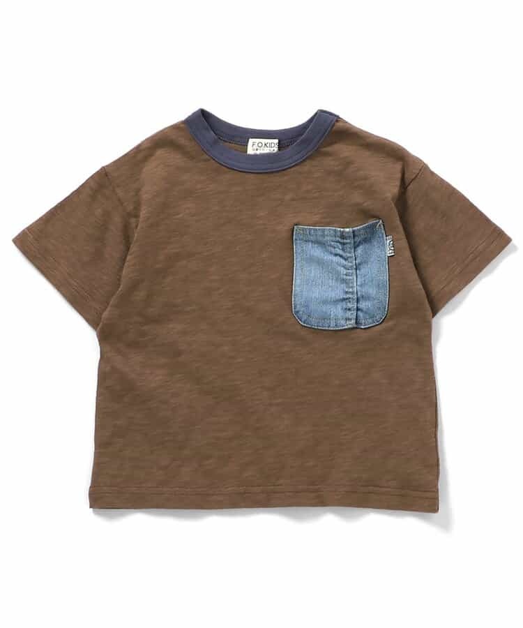 日本 F.O.KIDS 復古拼接 丹寧藍染 短袖上衣 (咖啡色，140) R207076