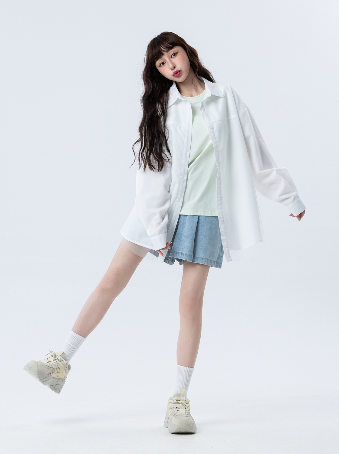 薄霧感網紗外罩長袖襯衫