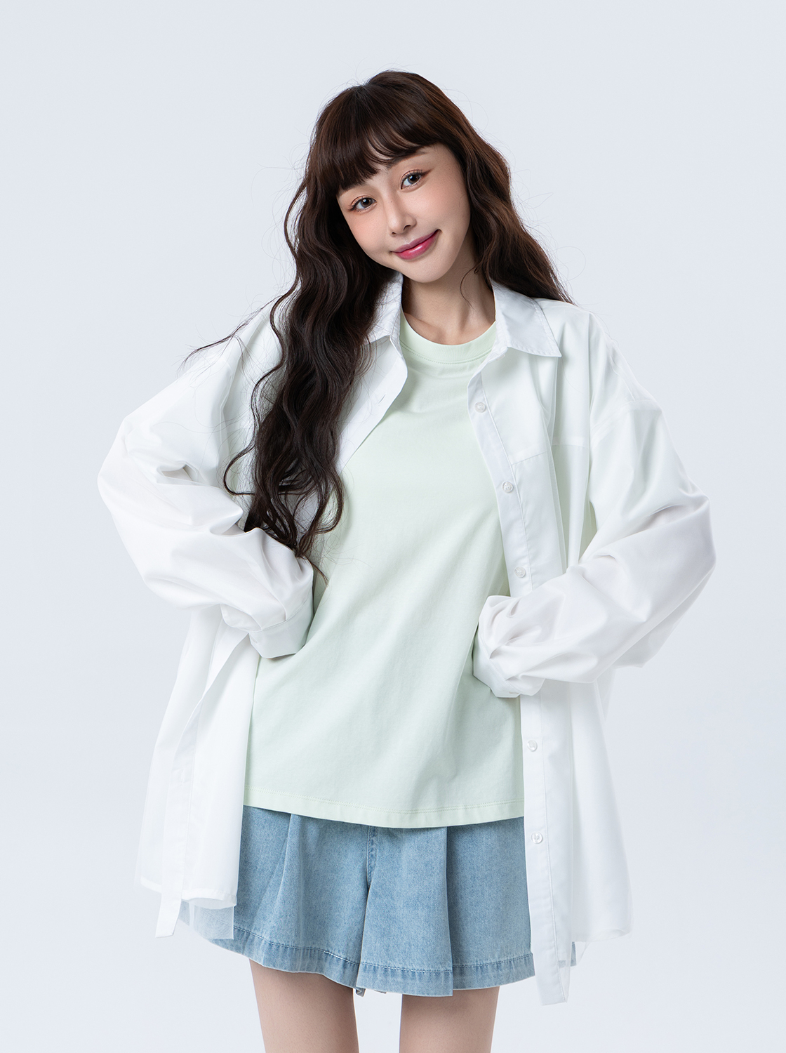 薄霧感網紗外罩長袖襯衫