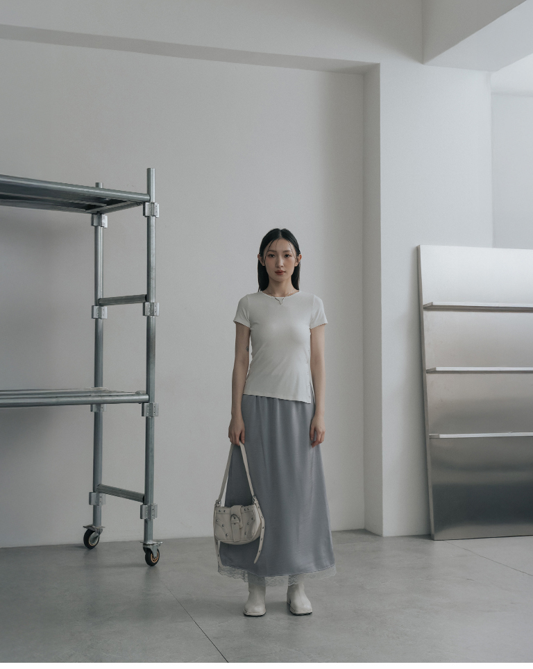 Lace-trimmed satin maxi dress - Gray S/M【03021763】in stock+pre-order