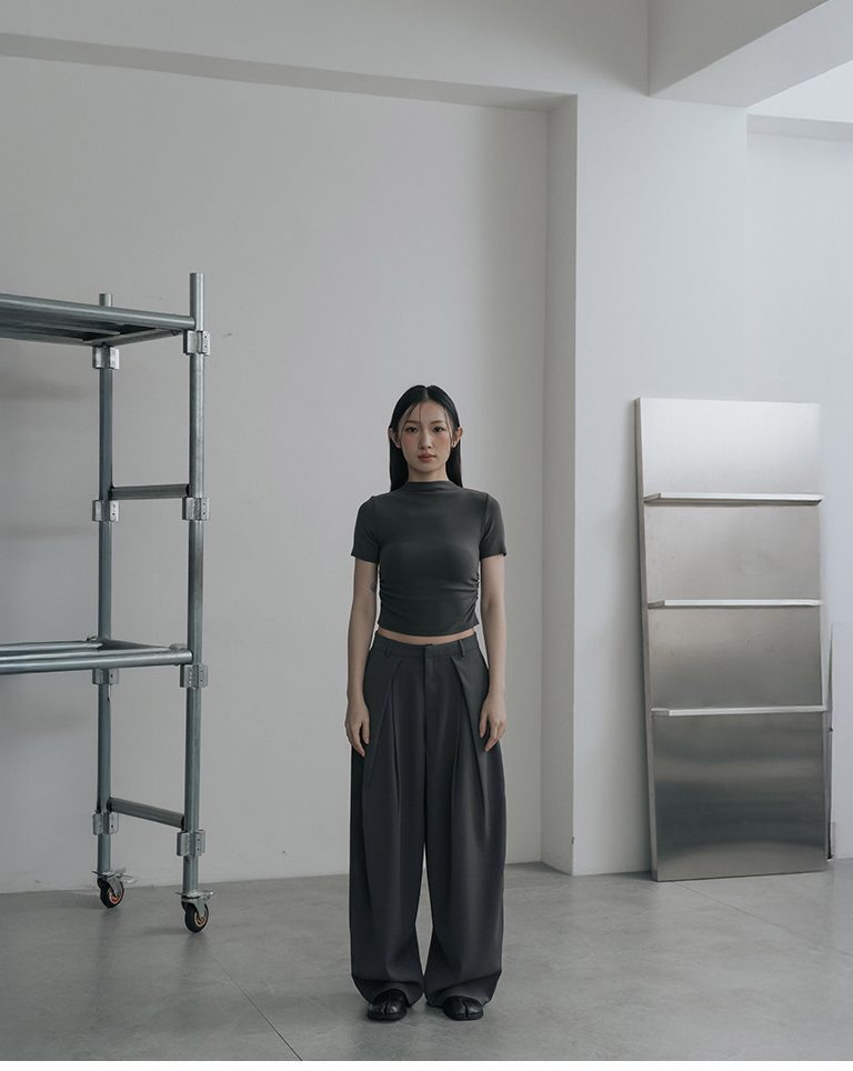 Simple pleated low-waisted cocoon-shaped suit trousers - gray S/M/L【04030517】in stock+pre-order