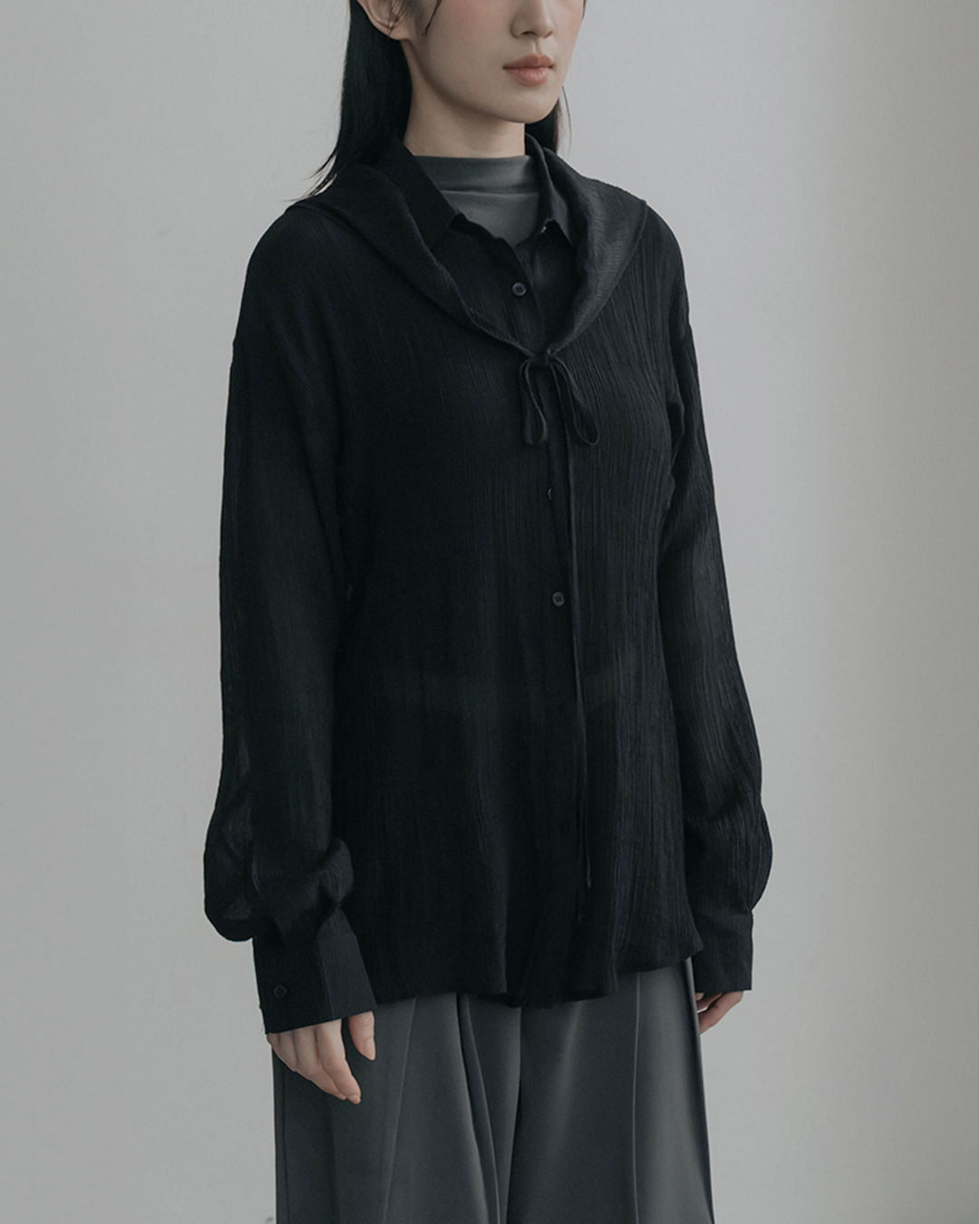 Textured, finely pleated, sheer shirt with a skirt-like drape - Black【01025768】in stock+pre-order