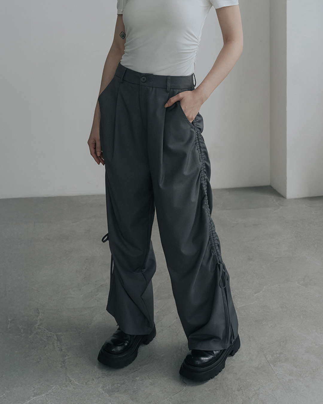 Side-gathered tie-up suit trousers S/M/L【04102010】in stock+pre-order