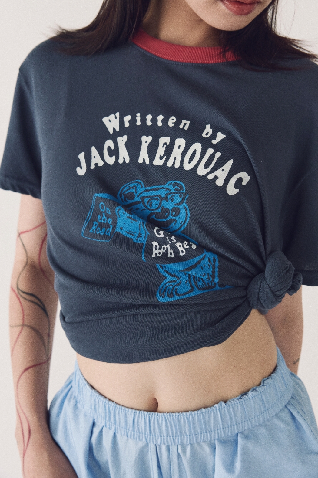 撞色領小熊短踢-藍