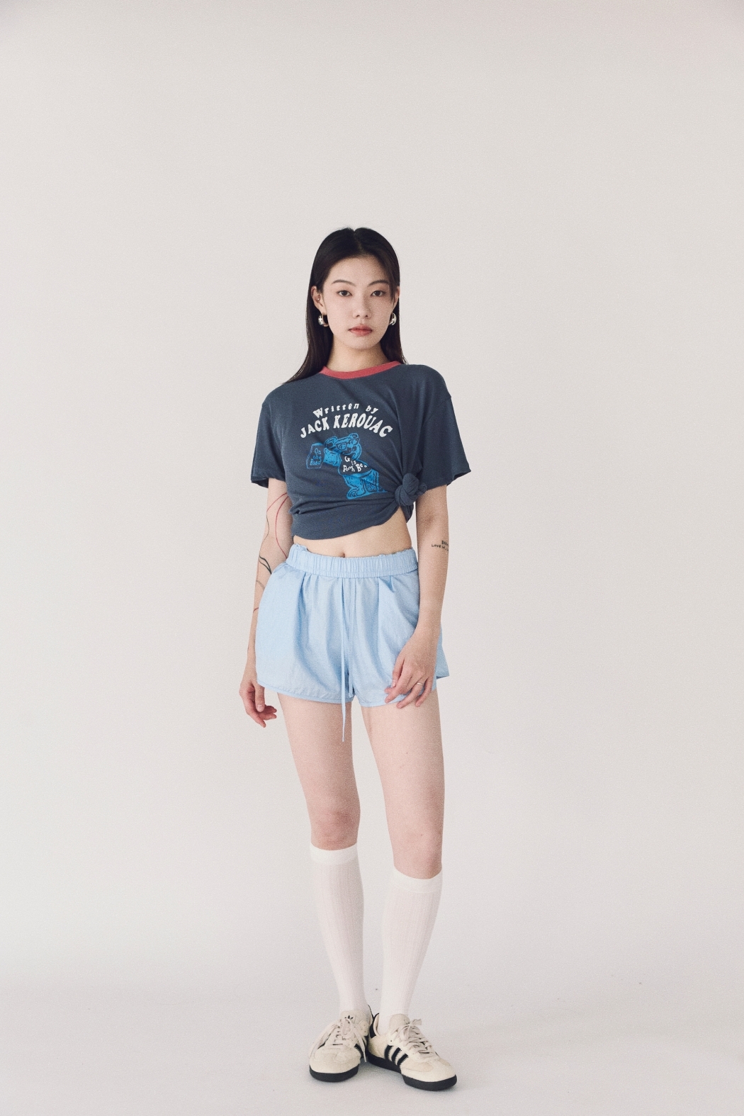 顯腿長鬆緊短褲-藍