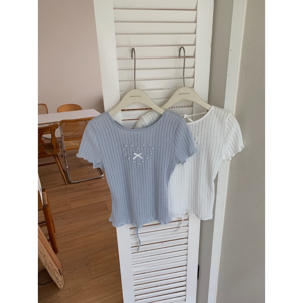 A03 浪漫珍珠後綁帶彈力上衣 #9908