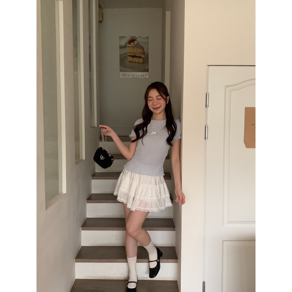 A03 浪漫珍珠後綁帶彈力上衣 #9908