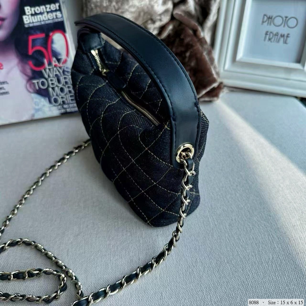 8088韓國丹寧羊皮拼接氣質方盒包