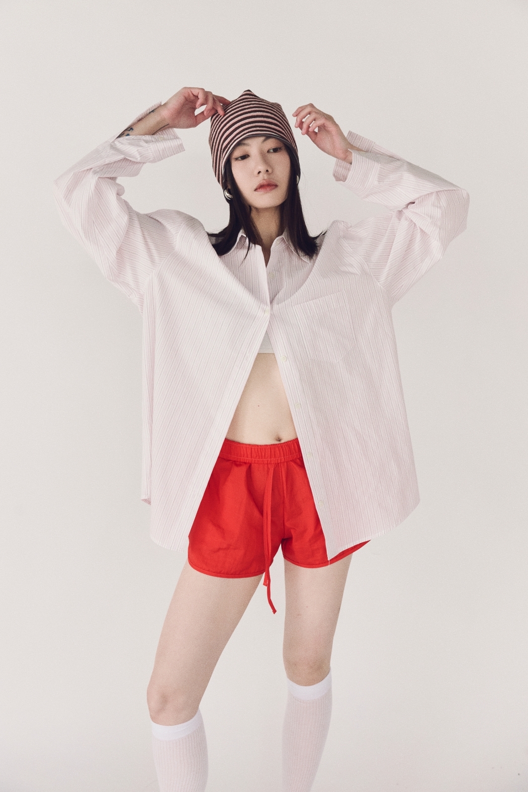 清新直紋寬鬆襯衫-粉