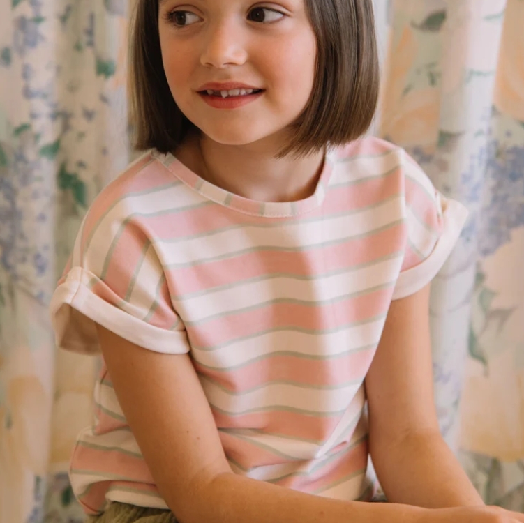 STUDIO BOHEME 草莓開心果條紋反折袖T恤 T-SHIRT BAMA - RAYURES FRAISE PISTACHE