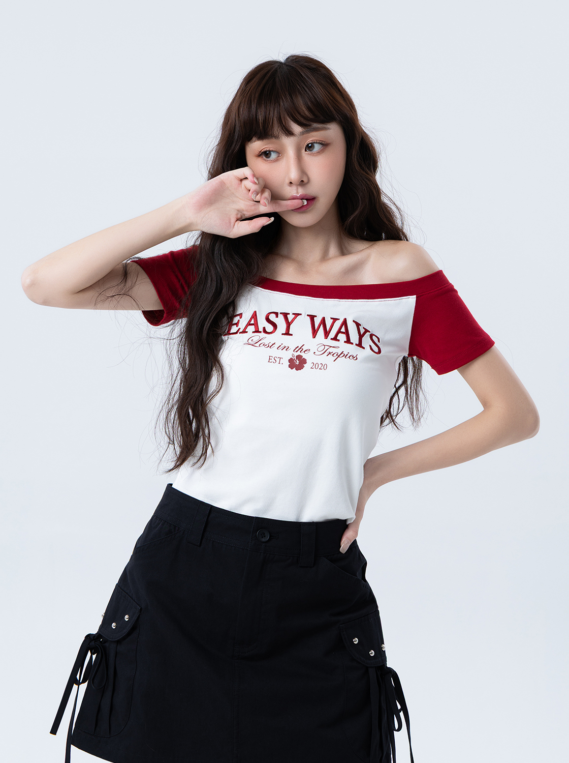 一字領撞色度假美式T恤