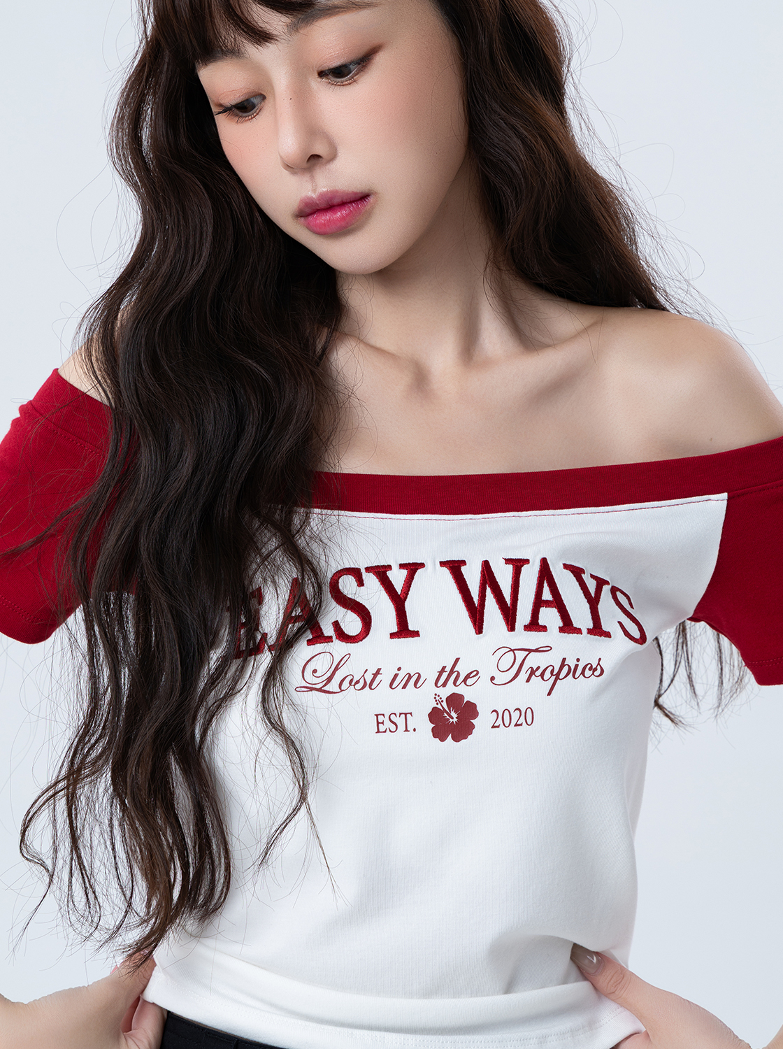 一字領撞色度假美式T恤