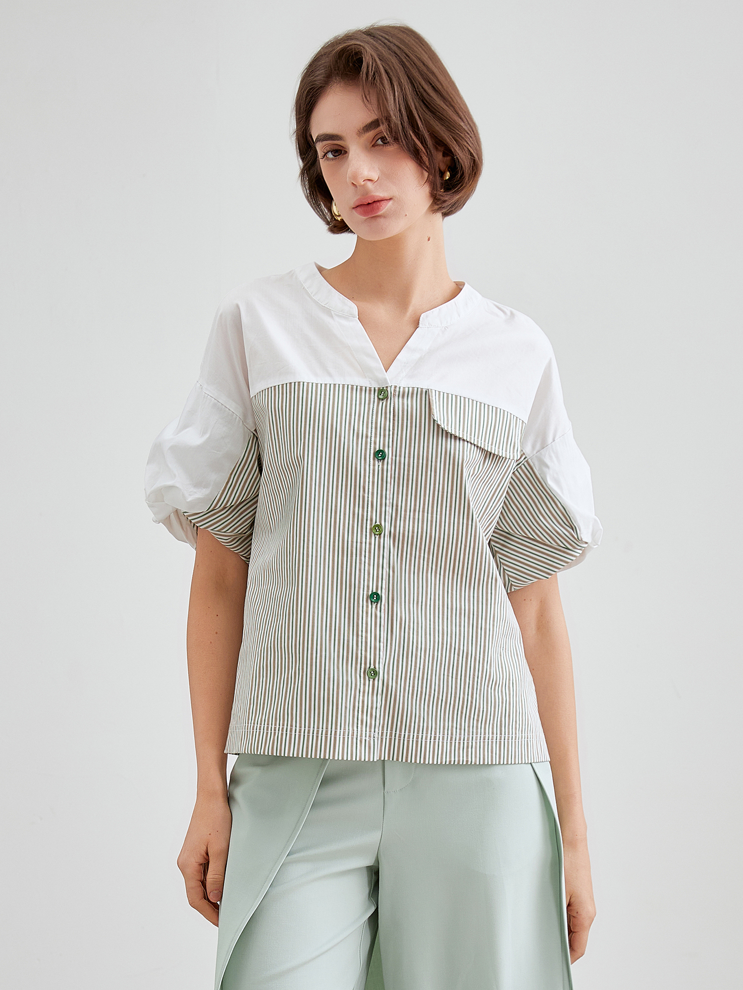 mi-tu 條紋拼色恤衫