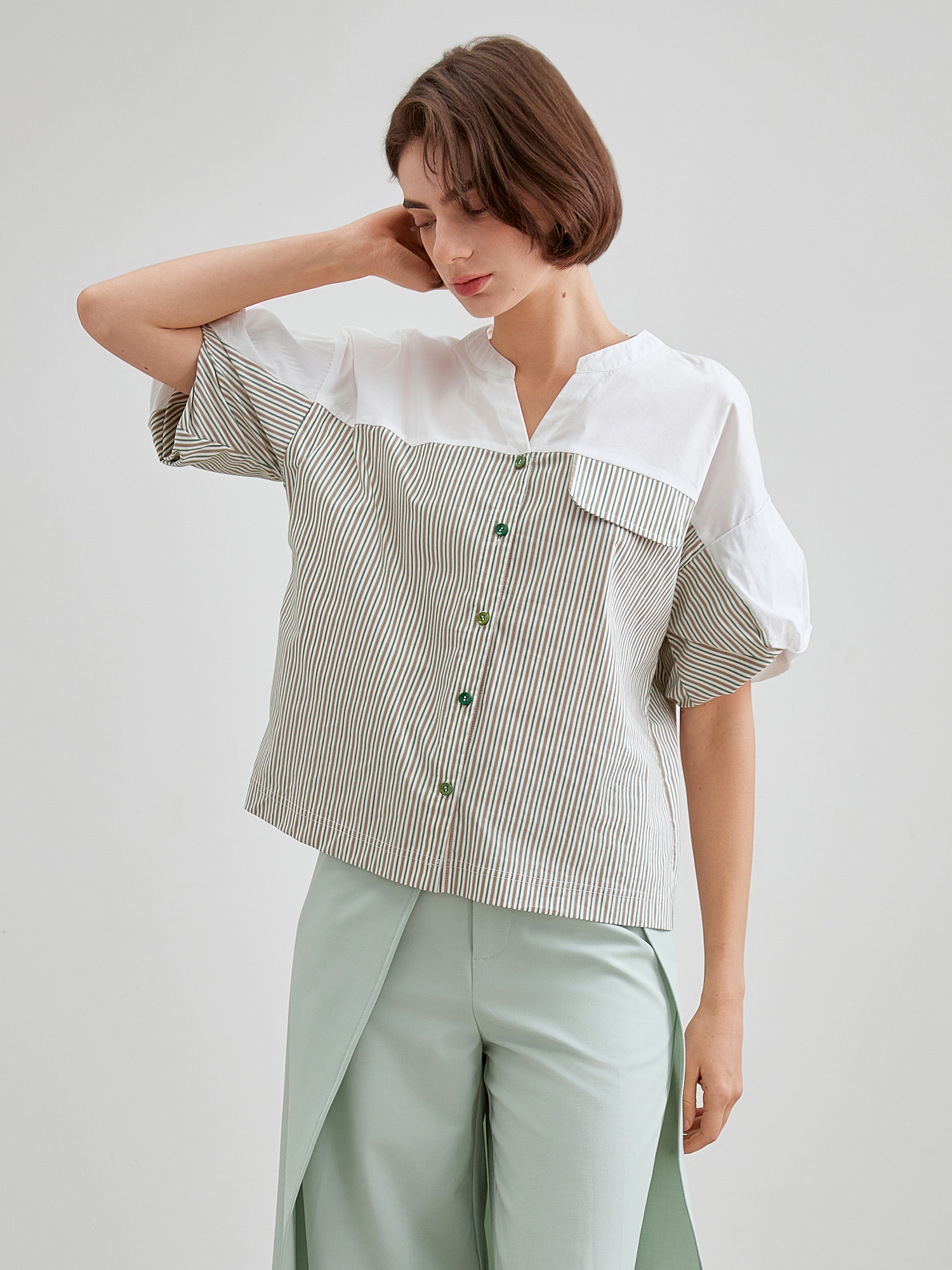 mi-tu 條紋拼色恤衫