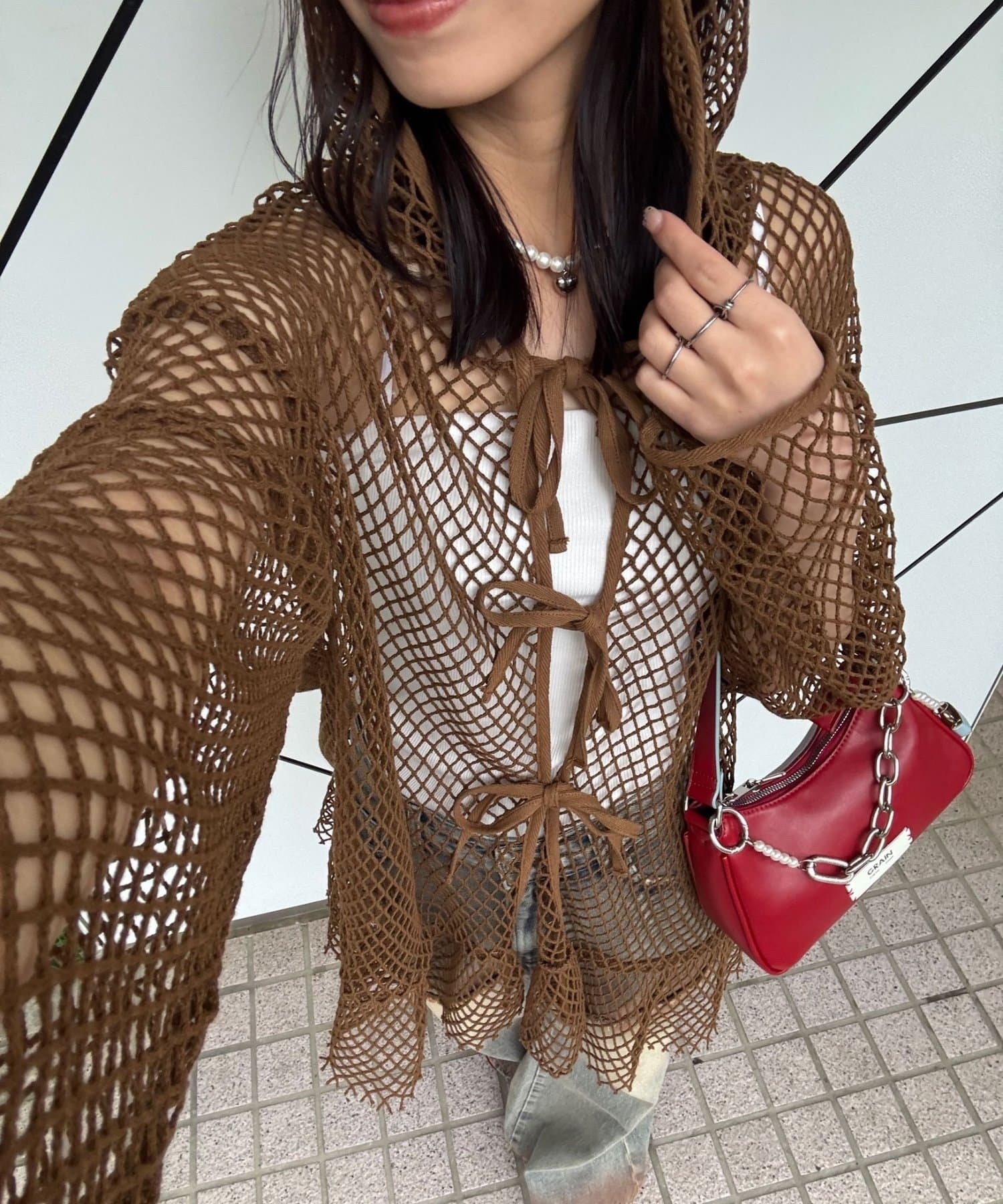 SELECT / Mesh Ribbon Hoodie Cardigan