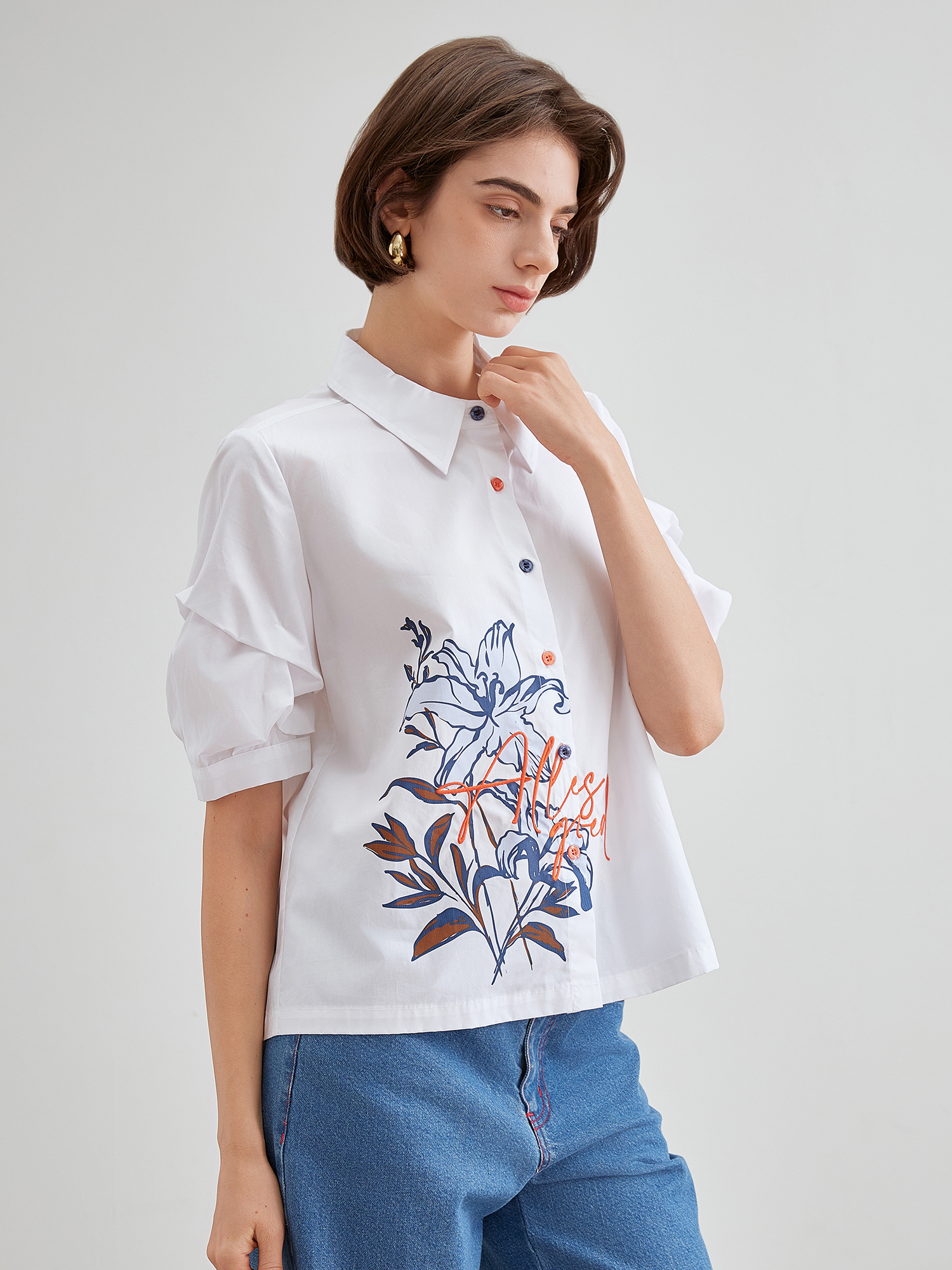 mi-tu 手繪印花抽褶恤衫