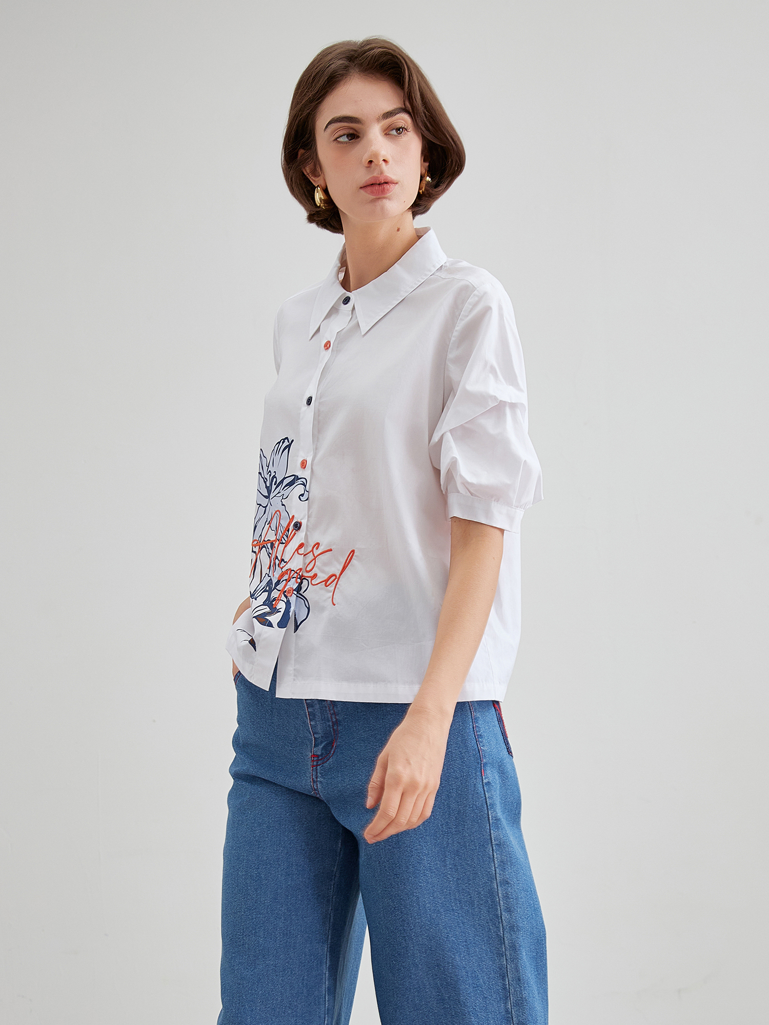 mi-tu 手繪印花抽褶恤衫