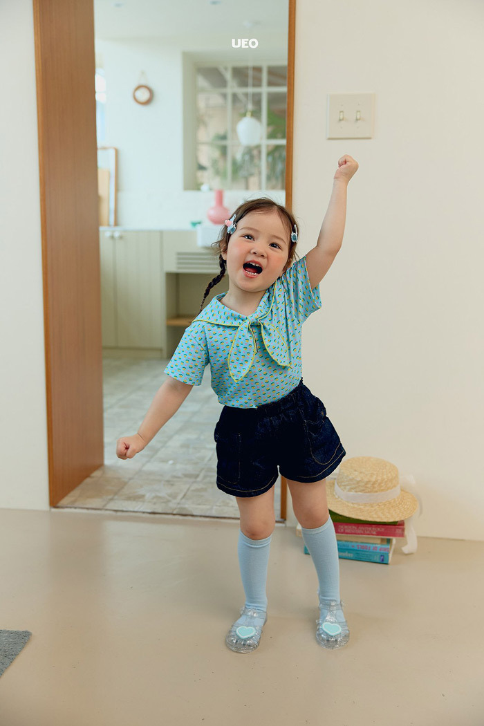 正韓夏UEO 兩色碎花海軍領上衣