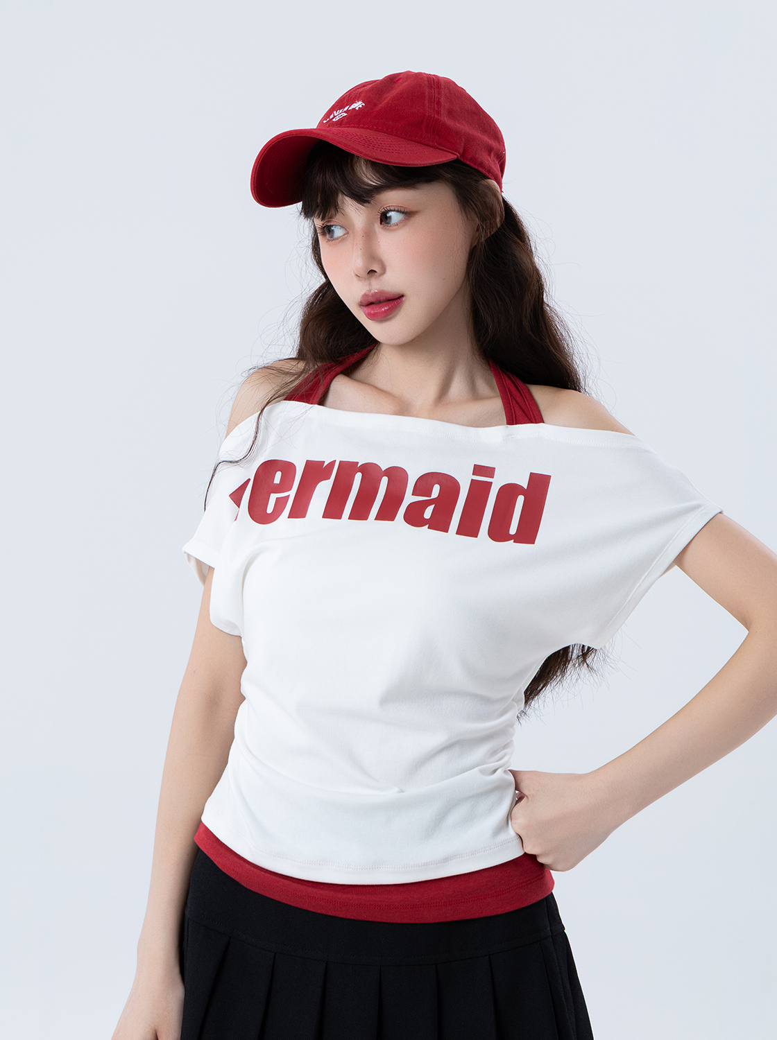 撞色假兩件字體上衣